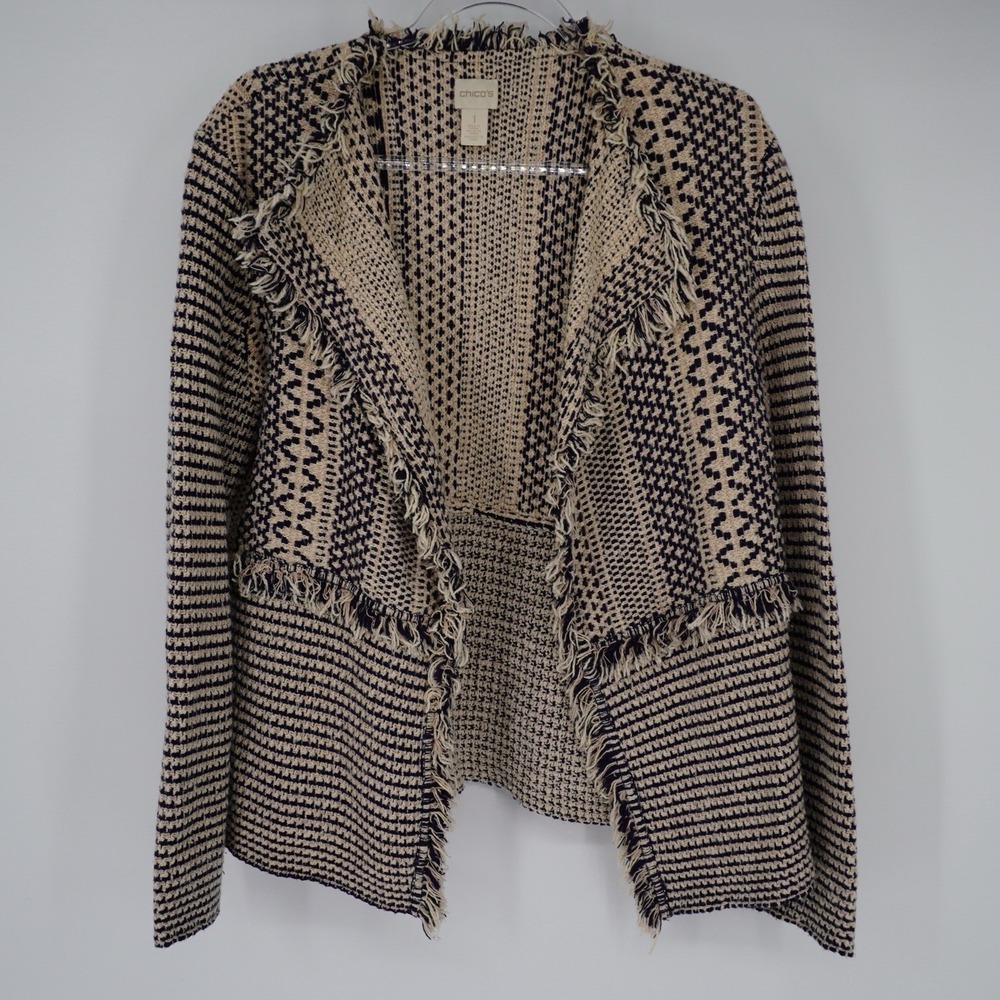 Chico's Open Front Tweed Blazer Women Cotton Blend Fringe Hem Size 1 Navy Cream